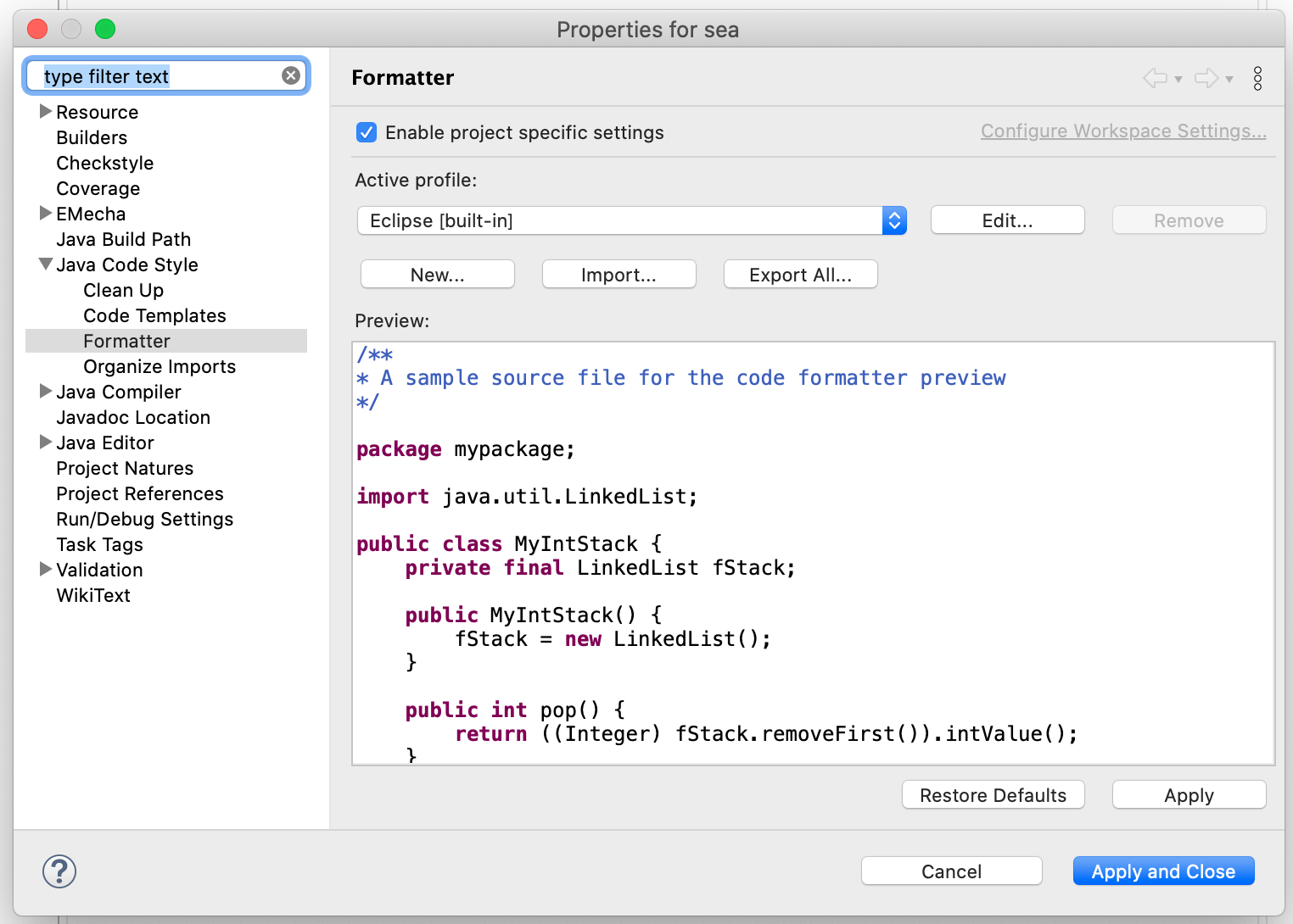 Eclipse CodeFormatter settings import