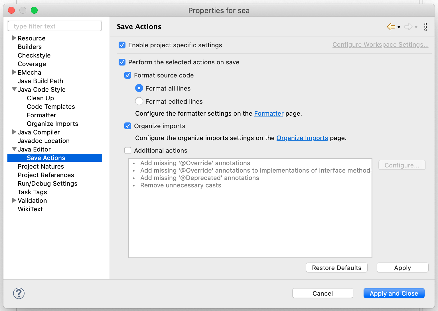 Eclipse CodeFormatter settings save-actions