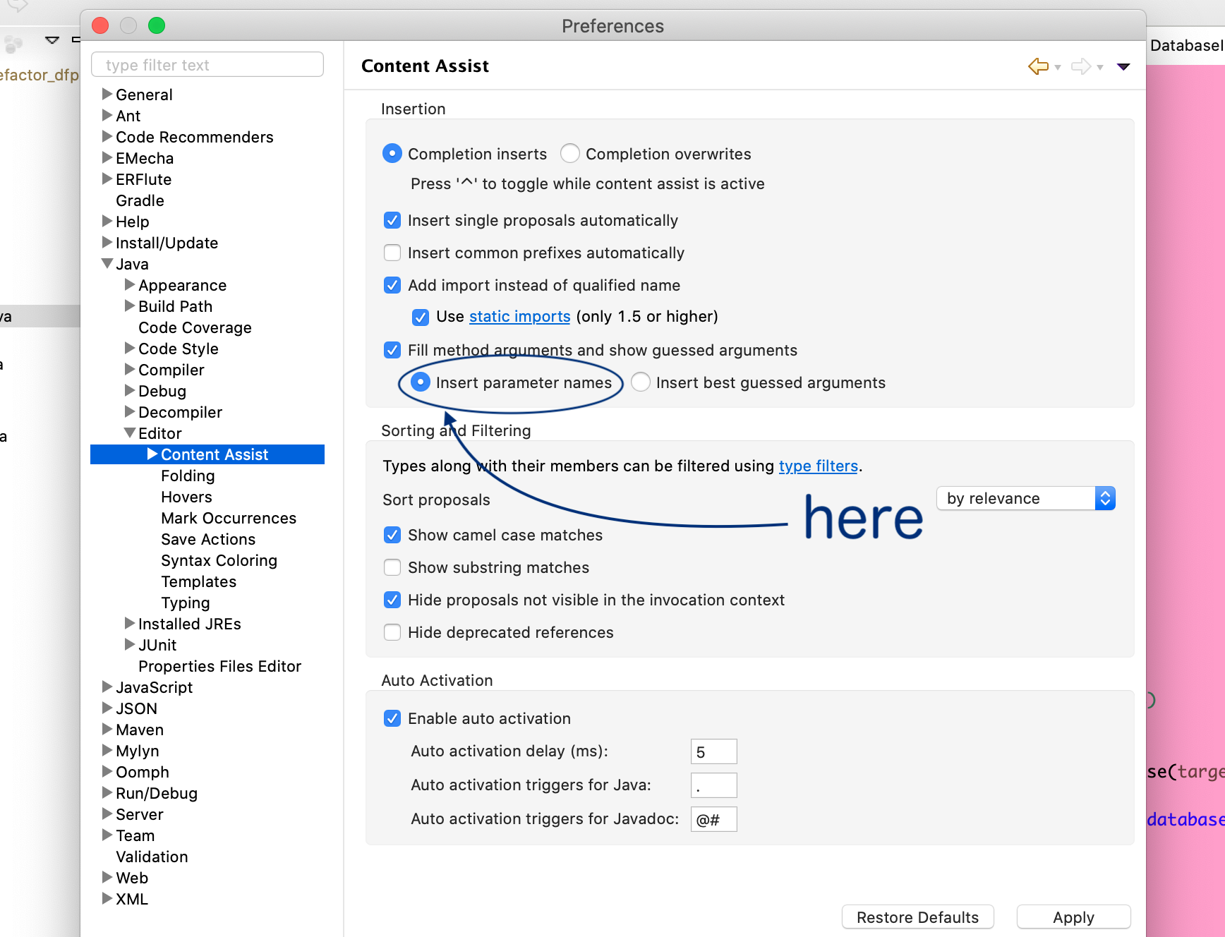Eclipse ContentAssist settings insert-parameter-names