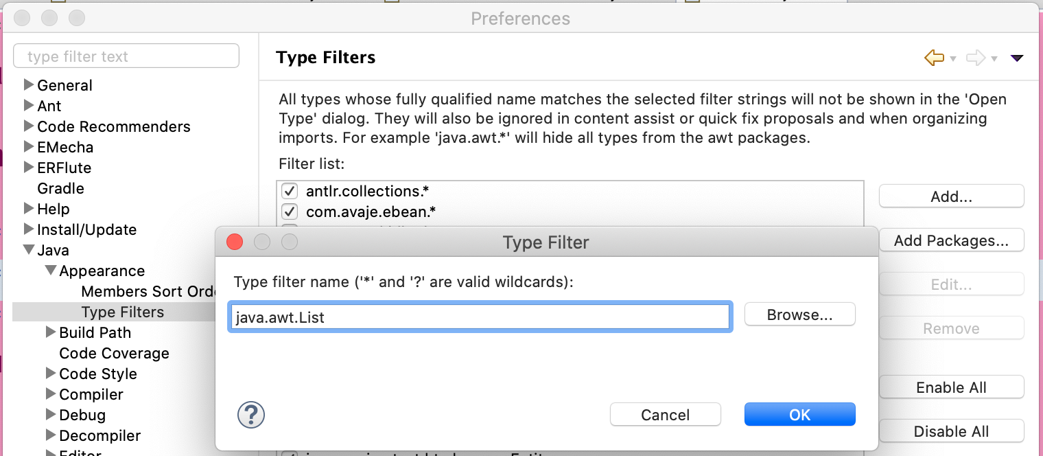 Eclipse TypeFilters Settings Add