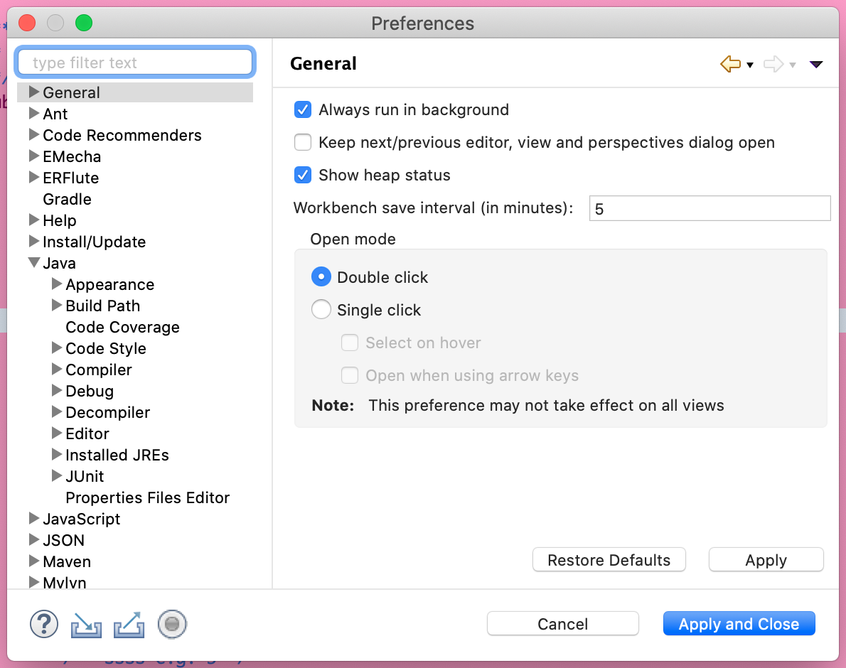 Eclipse Preferences dialog example